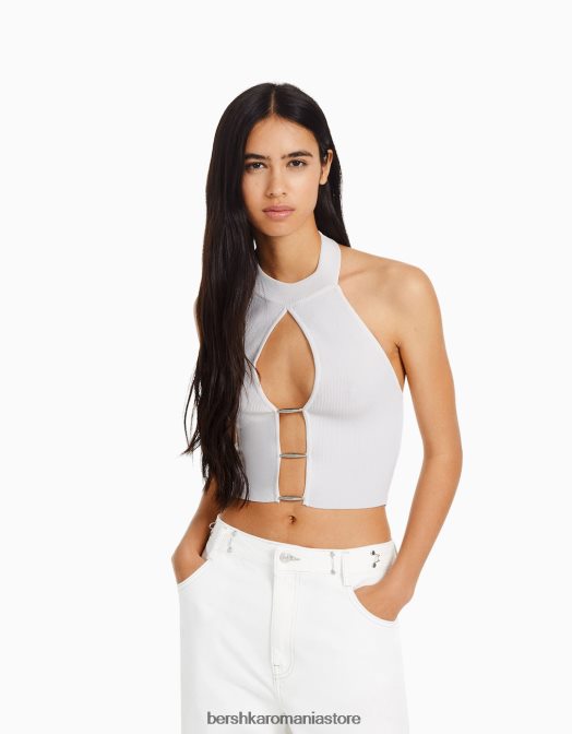 Bershka femei detaliu tricotat top cu halter alb Z86D760 îmbrăcăminte