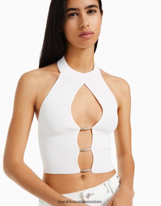 Bershka femei detaliu tricotat top cu halter alb Z86D760 îmbrăcăminte