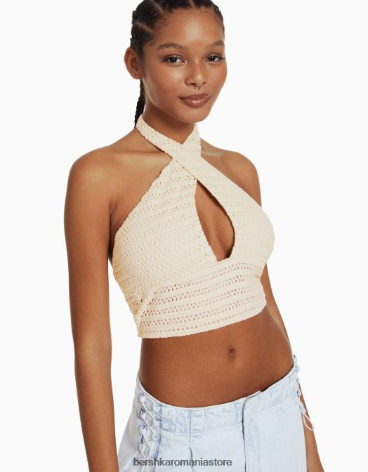 Bershka femei detaliu tricotat top cu halter bej Z86D1933 îmbrăcăminte