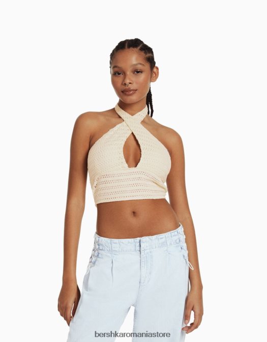Bershka femei detaliu tricotat top cu halter bej Z86D1934 îmbrăcăminte