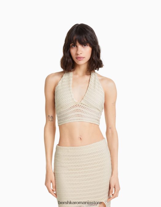 Bershka femei detaliu tricotat top cu halter bej Z86D753 îmbrăcăminte