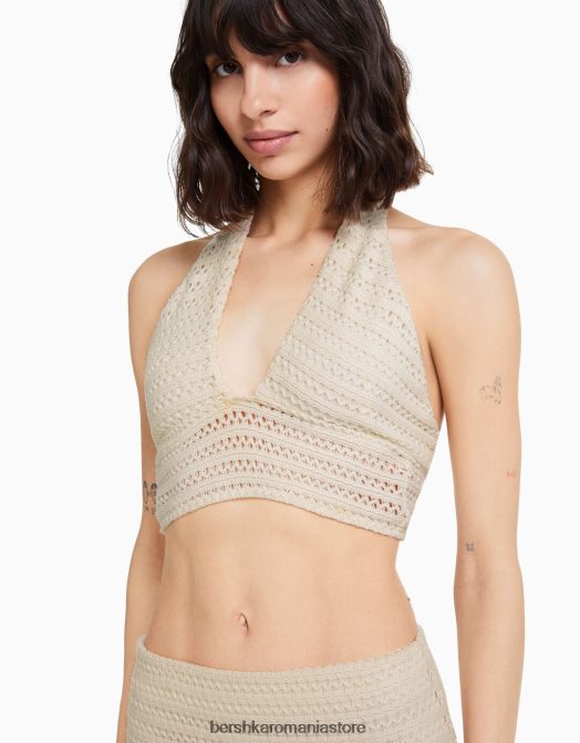 Bershka femei detaliu tricotat top cu halter bej Z86D753 îmbrăcăminte