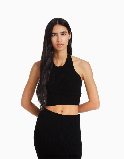 Bershka femei detaliu tricotat top cu halter negru Z86D845 îmbrăcăminte