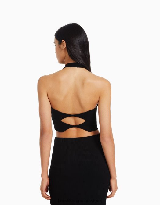 Bershka femei detaliu tricotat top cu halter negru Z86D845 îmbrăcăminte