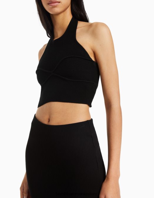 Bershka femei detaliu tricotat top cu halter negru Z86D845 îmbrăcăminte