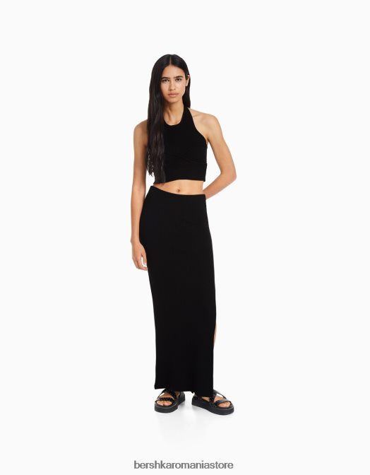 Bershka femei detaliu tricotat top cu halter negru Z86D845 îmbrăcăminte