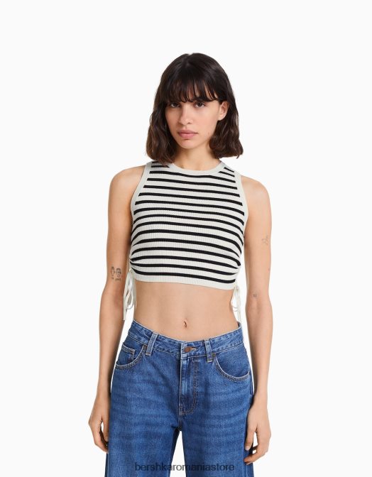 Bershka femei maiou cu cravate strânse cremă Z86D653 îmbrăcăminte