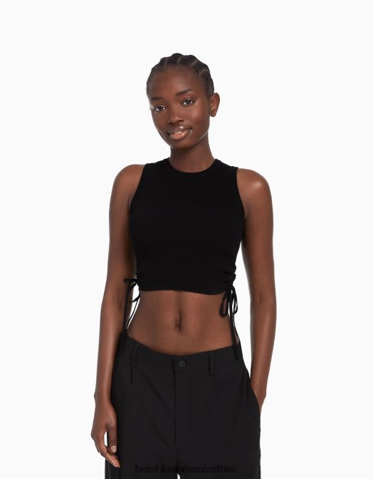 Bershka femei maiou cu cravate strânse negru Z86D654 îmbrăcăminte