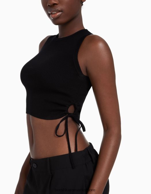 Bershka femei maiou cu cravate strânse negru Z86D654 îmbrăcăminte