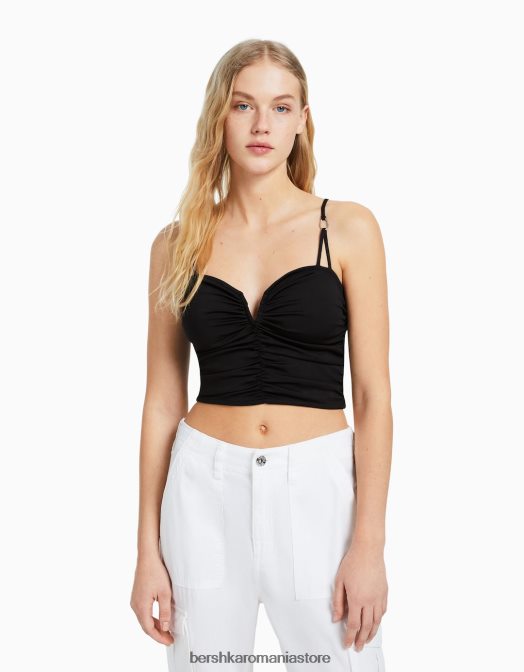 Bershka femei top adunat cu detaliu decolteu negru Z86D784 îmbrăcăminte