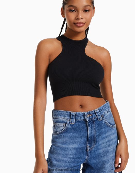 Bershka femei top asimetric fără cusături negru Z86D876 îmbrăcăminte