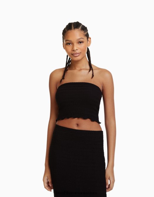 Bershka femei top bandeau din tricot vafe negru Z86D858 îmbrăcăminte
