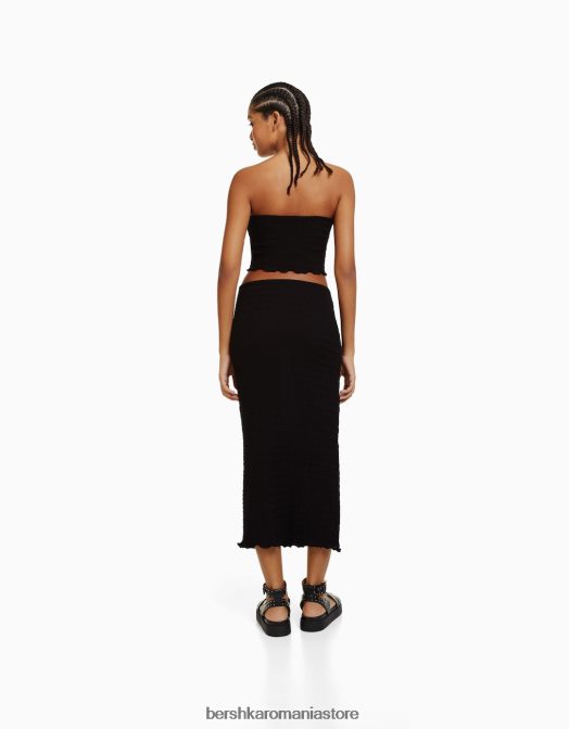 Bershka femei top bandeau din tricot vafe negru Z86D858 îmbrăcăminte