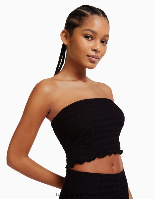 Bershka femei top bandeau din tricot vafe negru Z86D858 îmbrăcăminte