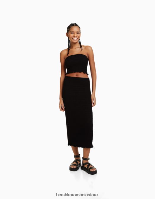 Bershka femei top bandeau din tricot vafe negru Z86D858 îmbrăcăminte