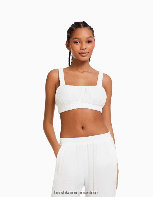 Bershka femei top bralette din crepon cu bretele cremă Z86D847 îmbrăcăminte