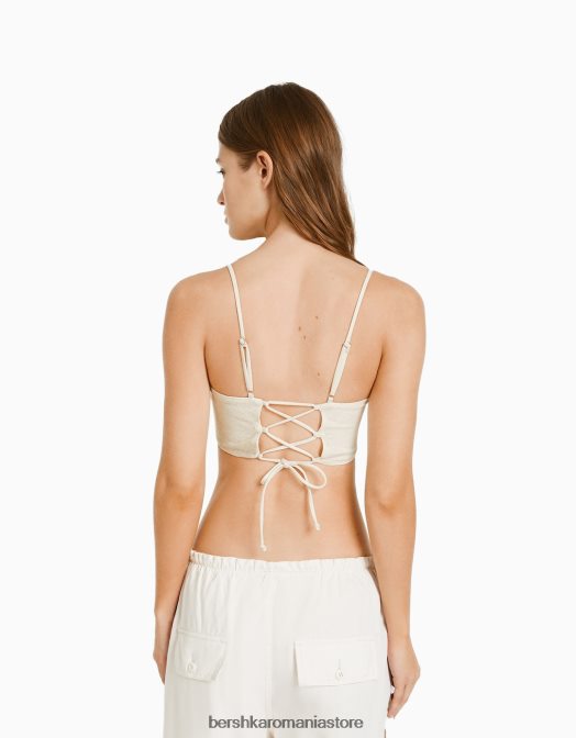 Bershka femei top corset cu bretele cu bordură blondă din dantelă și cravată la spate cremă Z86D651 îmbrăcăminte