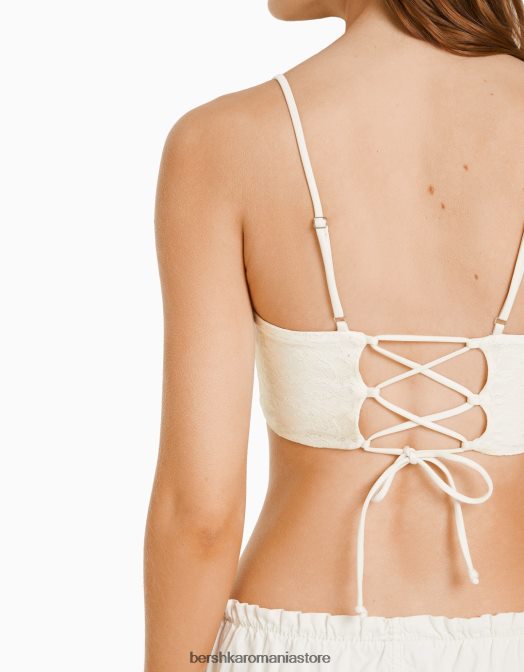 Bershka femei top corset cu bretele cu bordură blondă din dantelă și cravată la spate cremă Z86D651 îmbrăcăminte