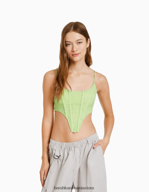 Bershka femei top corset cu bretele cu bordură blondă din dantelă și cravată la spate verde Z86D830 îmbrăcăminte