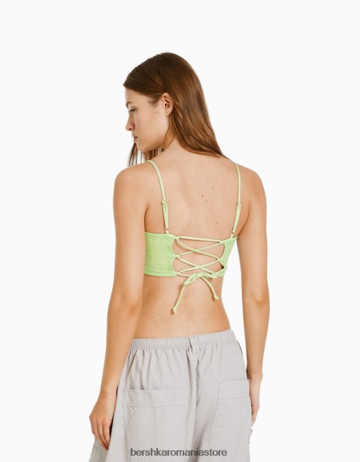 Bershka femei top corset cu bretele cu bordură blondă din dantelă și cravată la spate verde Z86D830 îmbrăcăminte