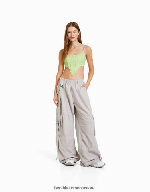 Bershka femei top corset cu bretele cu bordură blondă din dantelă și cravată la spate verde Z86D830 îmbrăcăminte