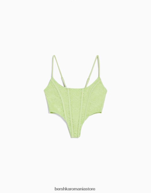 Bershka femei top corset cu bretele cu bordură blondă din dantelă și cravată la spate verde Z86D830 îmbrăcăminte
