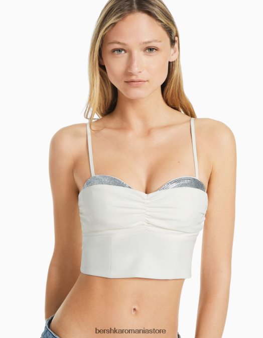 Bershka femei top corset cu bretele cu detaliu bijuterie alb Z86D736 îmbrăcăminte