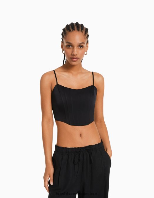 Bershka femei top corset cu bretele din satin negru Z86D795 îmbrăcăminte
