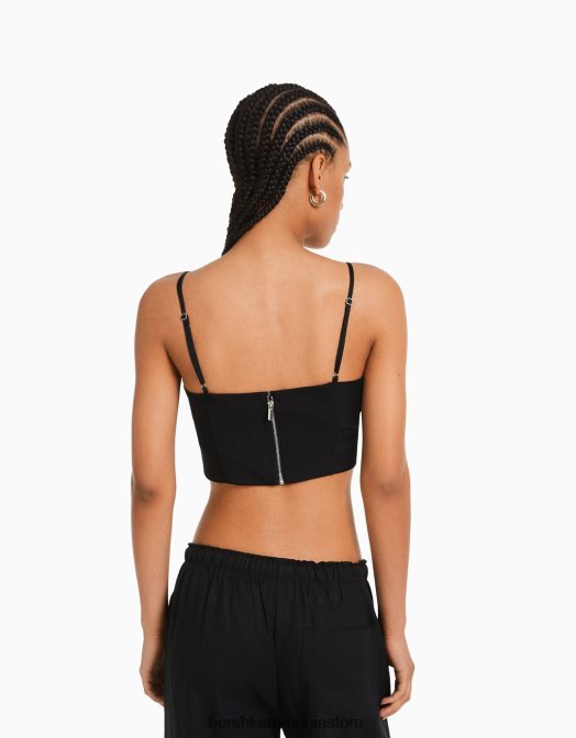 Bershka femei top corset cu bretele din satin negru Z86D795 îmbrăcăminte