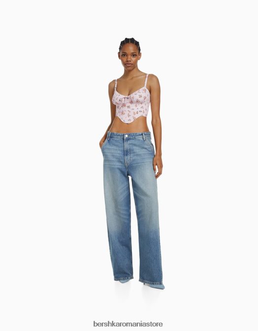 Bershka femei top corset decupat din popelin cu bretele roz Z86D688 îmbrăcăminte
