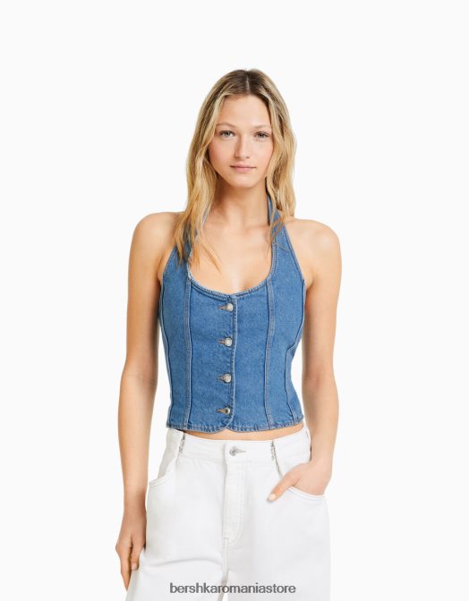 Bershka femei top corset din denim albastru deschis Z86D1978 îmbrăcăminte