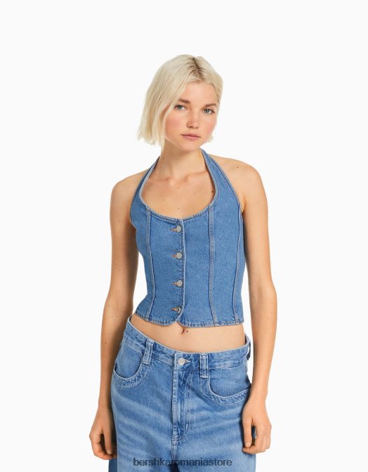 Bershka femei top corset din denim albastru deschis Z86D678 îmbrăcăminte