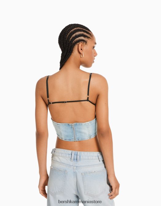Bershka femei top corset din denim decolorat albastru deschis Z86D714 îmbrăcăminte