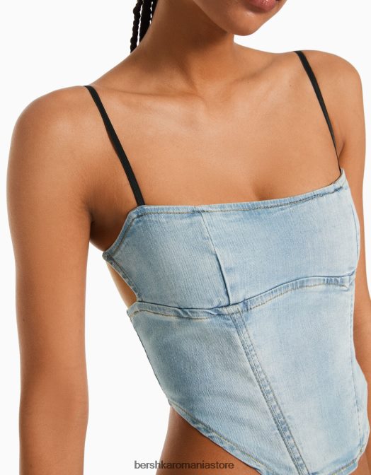 Bershka femei top corset din denim decolorat albastru deschis Z86D714 îmbrăcăminte