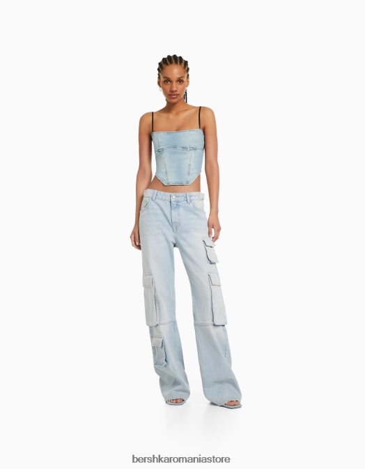 Bershka femei top corset din denim decolorat albastru deschis Z86D714 îmbrăcăminte