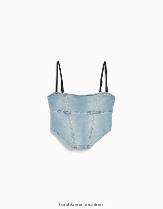 Bershka femei top corset din denim decolorat albastru deschis Z86D714 îmbrăcăminte