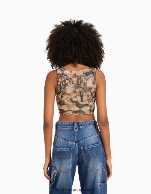 Bershka femei top corset din tul fără mâneci aproape alb Z86D719 îmbrăcăminte
