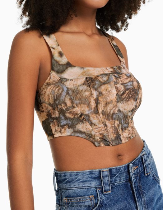 Bershka femei top corset din tul fără mâneci aproape alb Z86D719 îmbrăcăminte