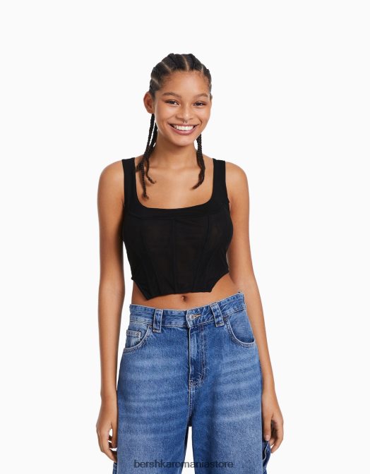 Bershka femei top corset din tul fără mâneci negru Z86D718 îmbrăcăminte