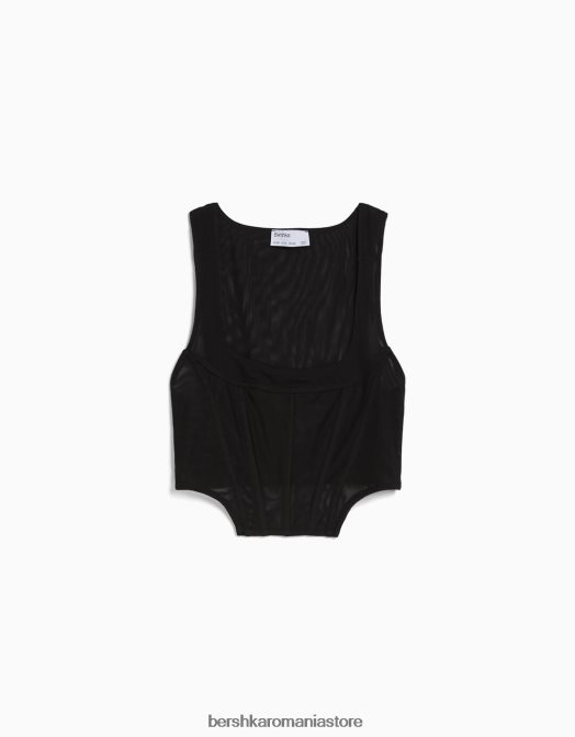 Bershka femei top corset din tul fără mâneci negru Z86D721 îmbrăcăminte
