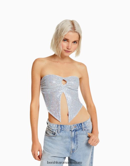 Bershka femei top cu bandă strălucitor, cu decupaj și cravată argint Z86D739 îmbrăcăminte