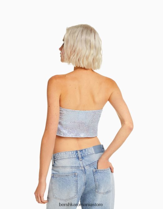 Bershka femei top cu bandă strălucitor, cu decupaj și cravată argint Z86D739 îmbrăcăminte