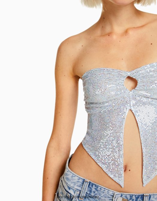 Bershka femei top cu bandă strălucitor, cu decupaj și cravată argint Z86D739 îmbrăcăminte