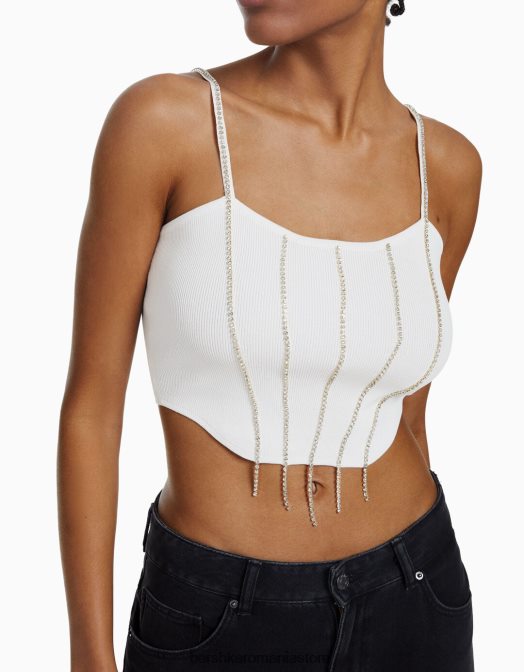 Bershka femei top cu bijuterie din tricot cu bretele alb Z86D763 îmbrăcăminte