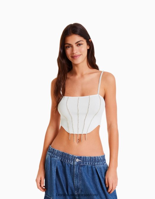 Bershka femei top cu bijuterie din tricot cu bretele alb Z86D764 îmbrăcăminte