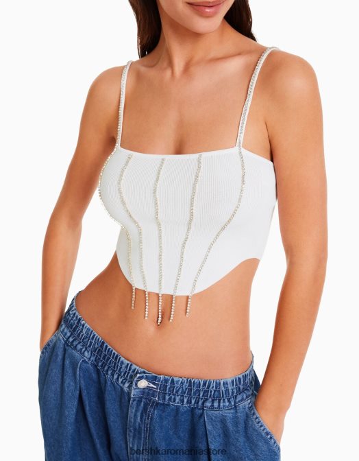 Bershka femei top cu bijuterie din tricot cu bretele alb Z86D764 îmbrăcăminte