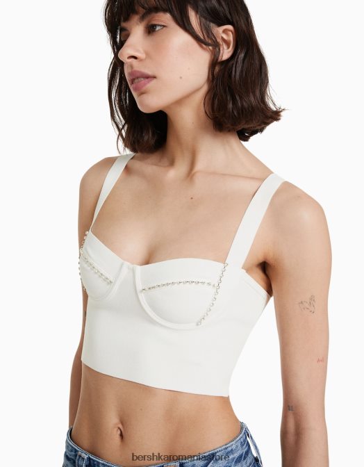 Bershka femei top cu bijuterie din tricot cu bretele alb Z86D838 îmbrăcăminte