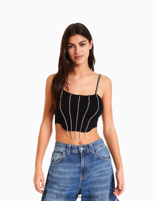 Bershka femei top cu bijuterie din tricot cu bretele negru Z86D765 îmbrăcăminte