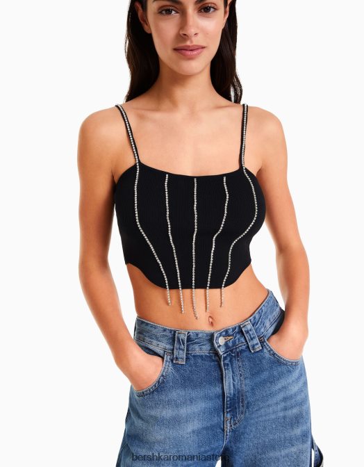 Bershka femei top cu bijuterie din tricot cu bretele negru Z86D765 îmbrăcăminte