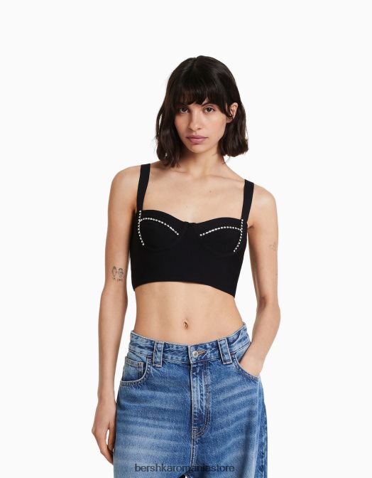 Bershka femei top cu bijuterie din tricot cu bretele negru Z86D837 îmbrăcăminte